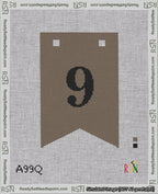 A taped needlepoint canvas with the design: Banner 18 mesh count Forked 9 Black on Brown.