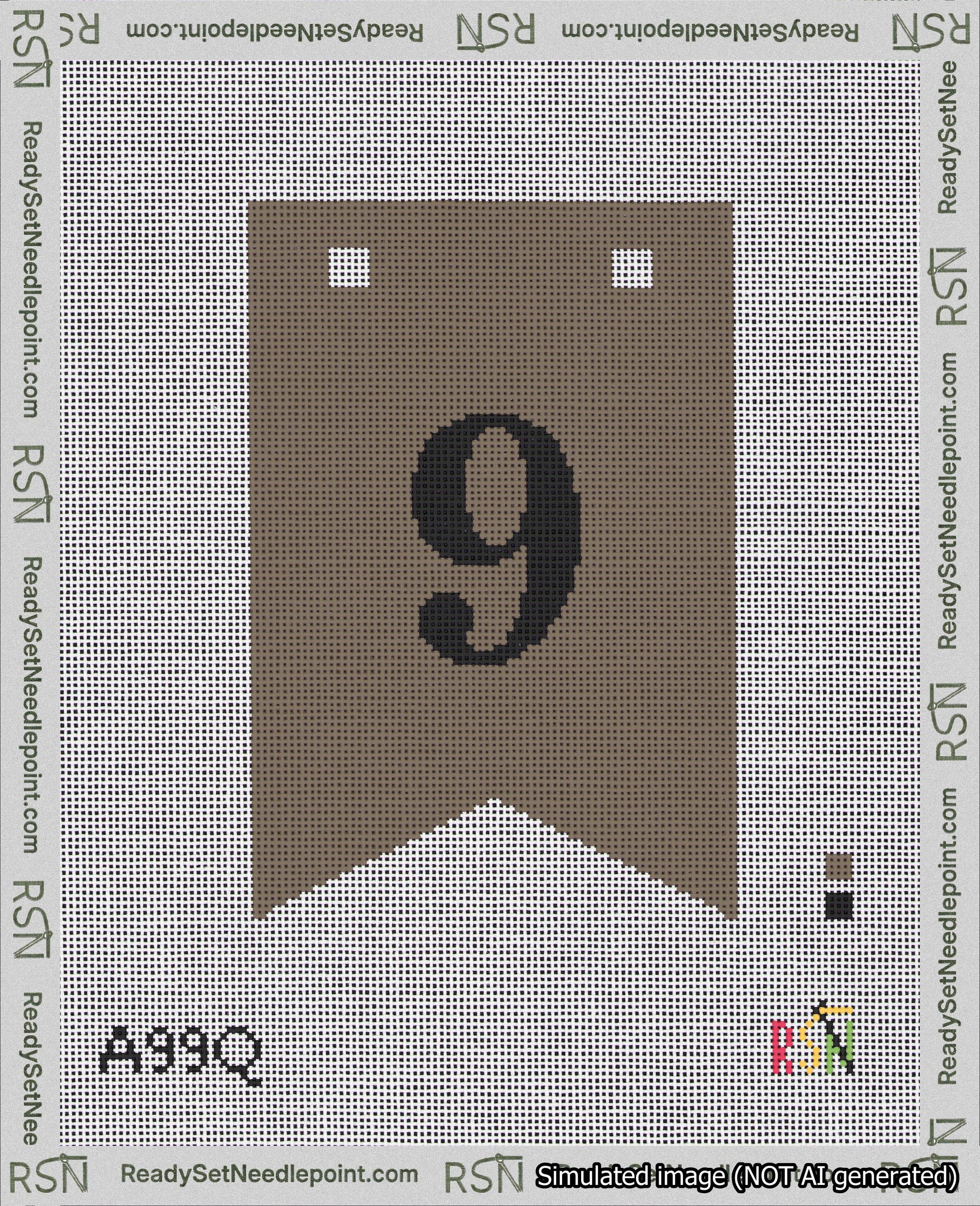 A taped needlepoint canvas with the design: Banner 18 mesh count Forked 9 Black on Brown.