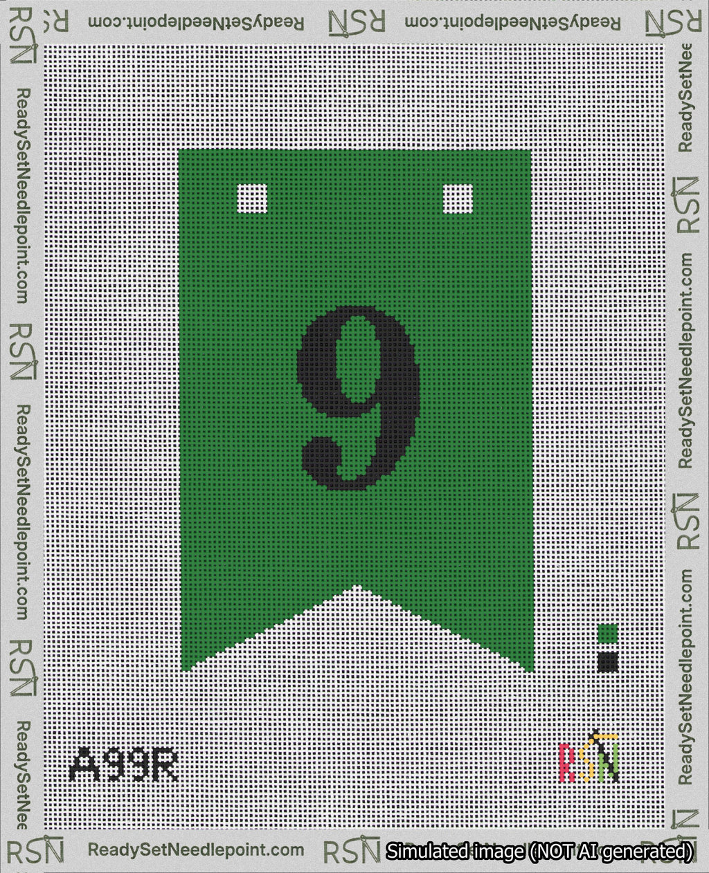 A taped needlepoint canvas with the design: Banner 18 mesh count Forked 9 Black on Green.