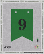 A taped needlepoint canvas with the design: Banner 18 mesh count Forked 9 Black on Green.