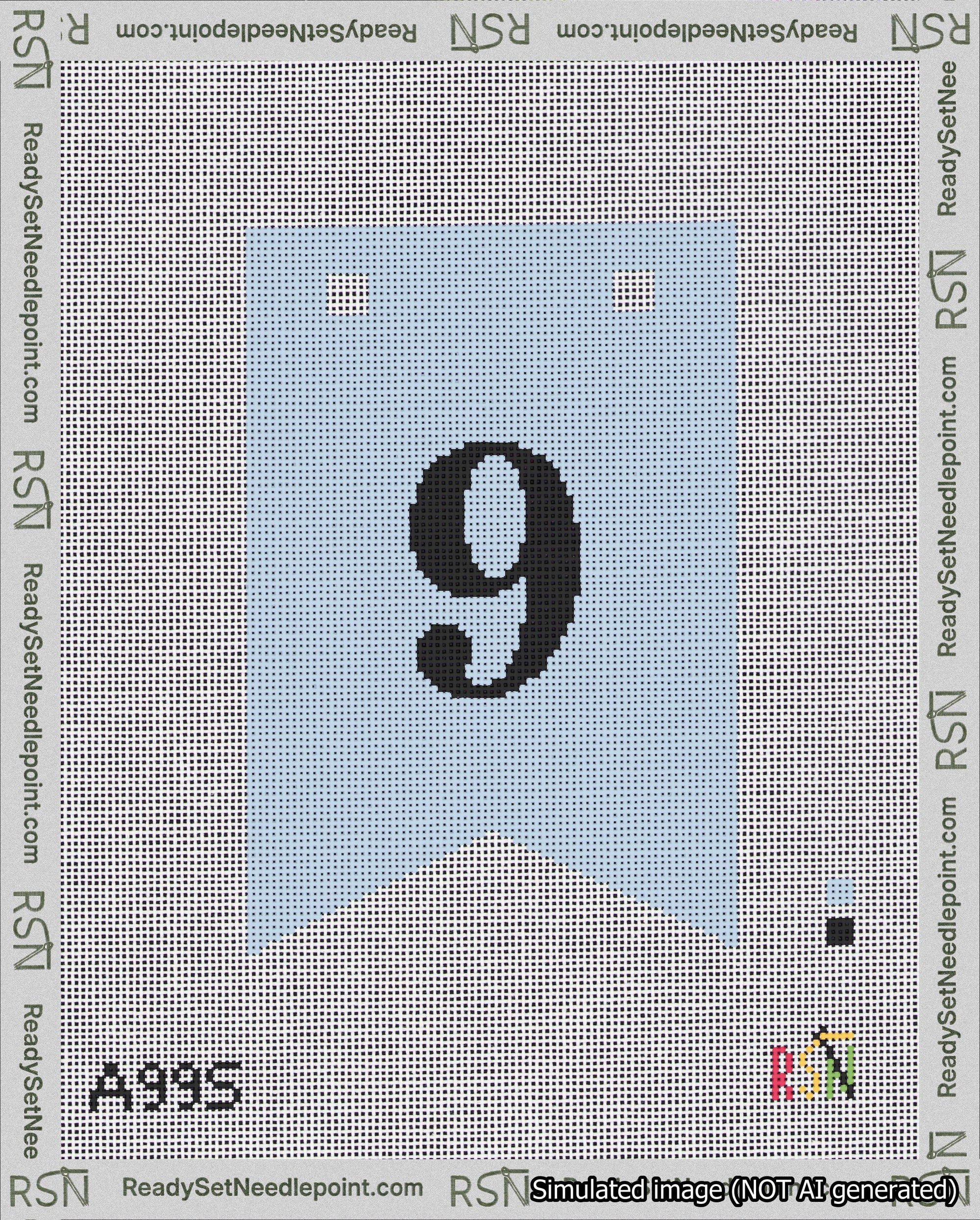 A taped needlepoint canvas with the design: Banner 18 mesh count Forked 9 Black on Light Blue.
