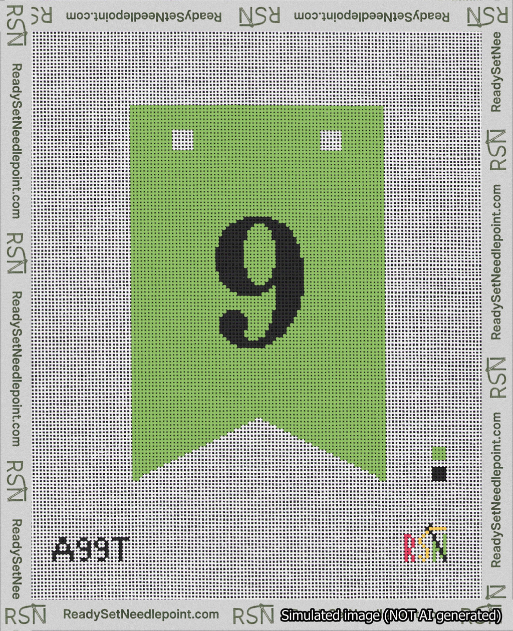 A taped needlepoint canvas with the design: Banner 18 mesh count Forked 9 Black on Light Green.