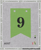 A taped needlepoint canvas with the design: Banner 18 mesh count Forked 9 Black on Light Green.
