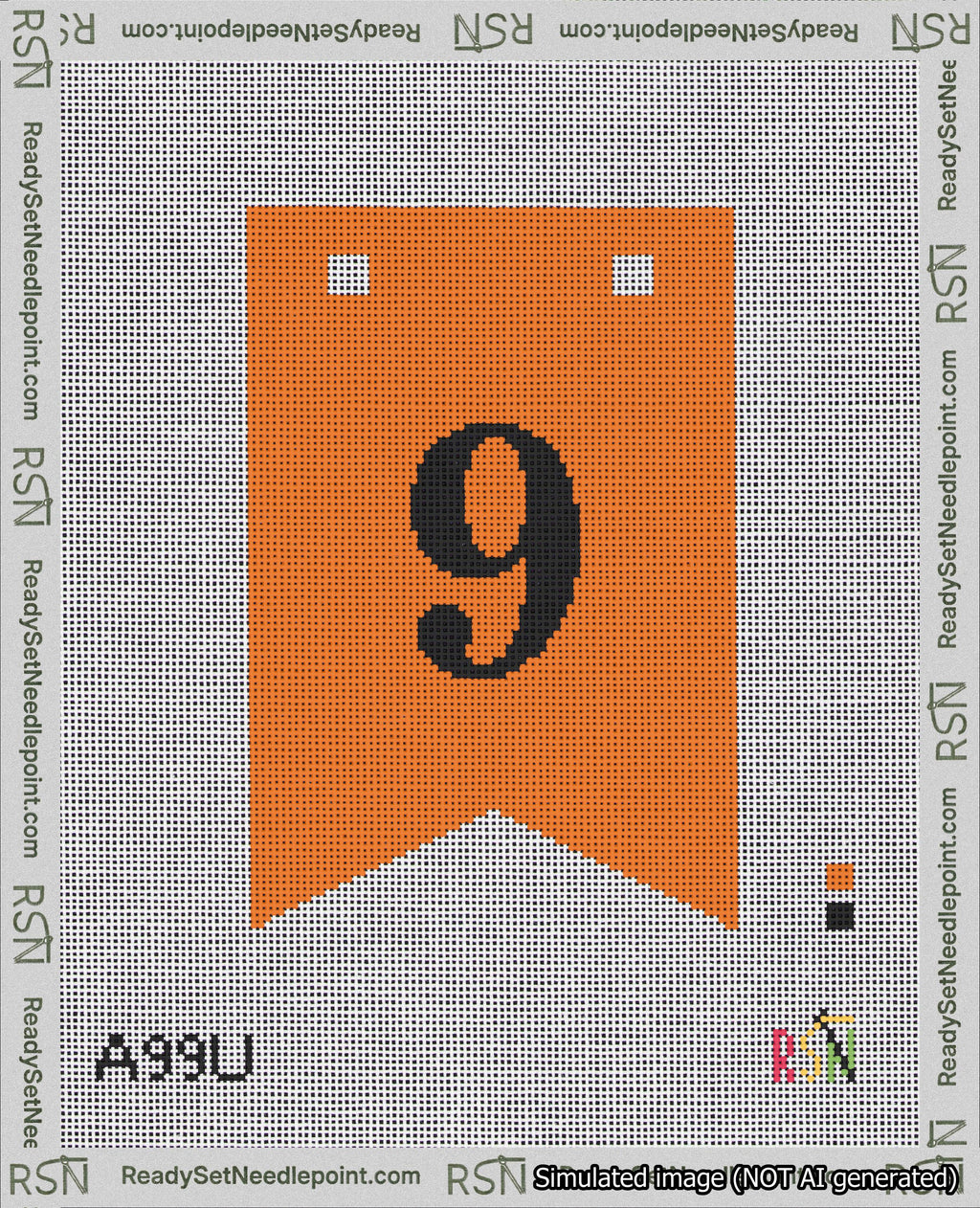 A taped needlepoint canvas with the design: Banner 18 mesh count Forked 9 Black on Orange.