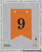 A taped needlepoint canvas with the design: Banner 18 mesh count Forked 9 Black on Orange.
