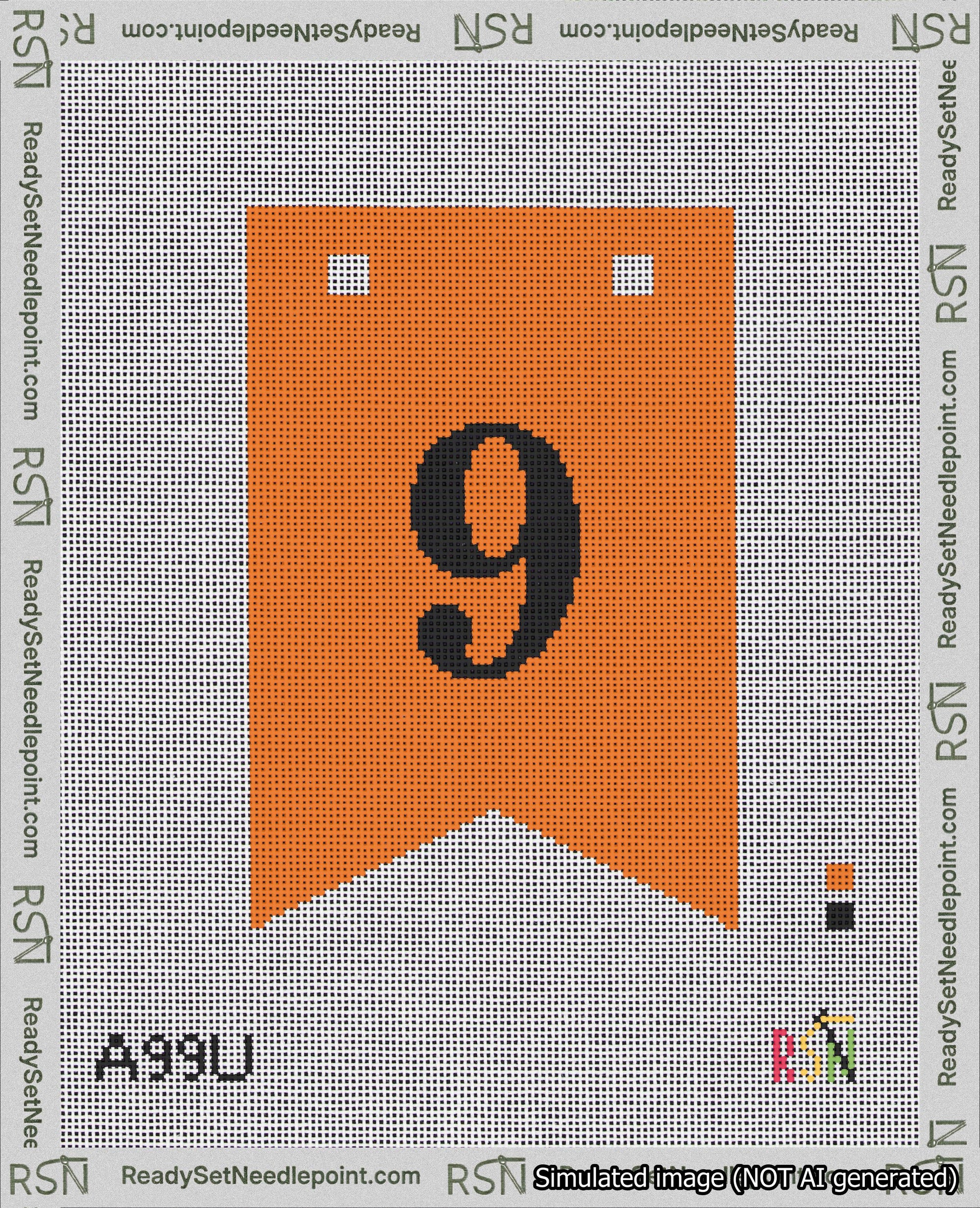 A taped needlepoint canvas with the design: Banner 18 mesh count Forked 9 Black on Orange.