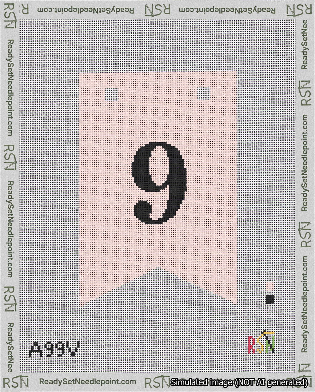 A taped needlepoint canvas with the design: Banner 18 mesh count Forked 9 Black on Pink.