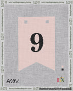 A taped needlepoint canvas with the design: Banner 18 mesh count Forked 9 Black on Pink.
