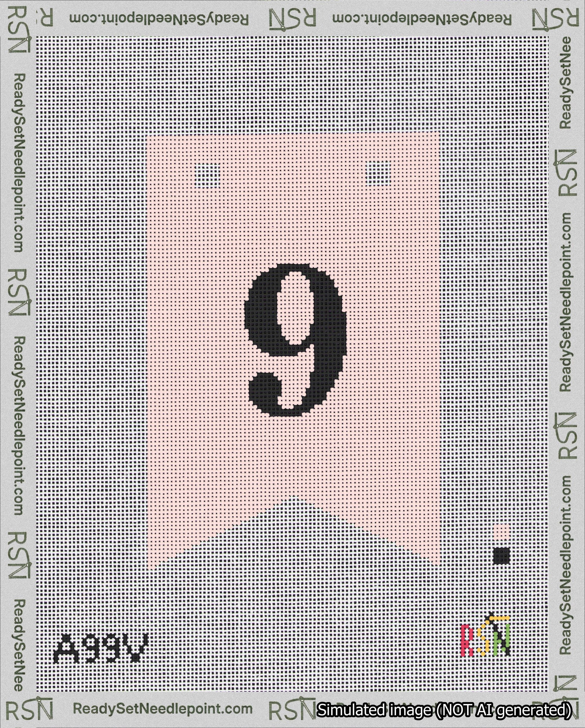 A taped needlepoint canvas with the design: Banner 18 mesh count Forked 9 Black on Pink.