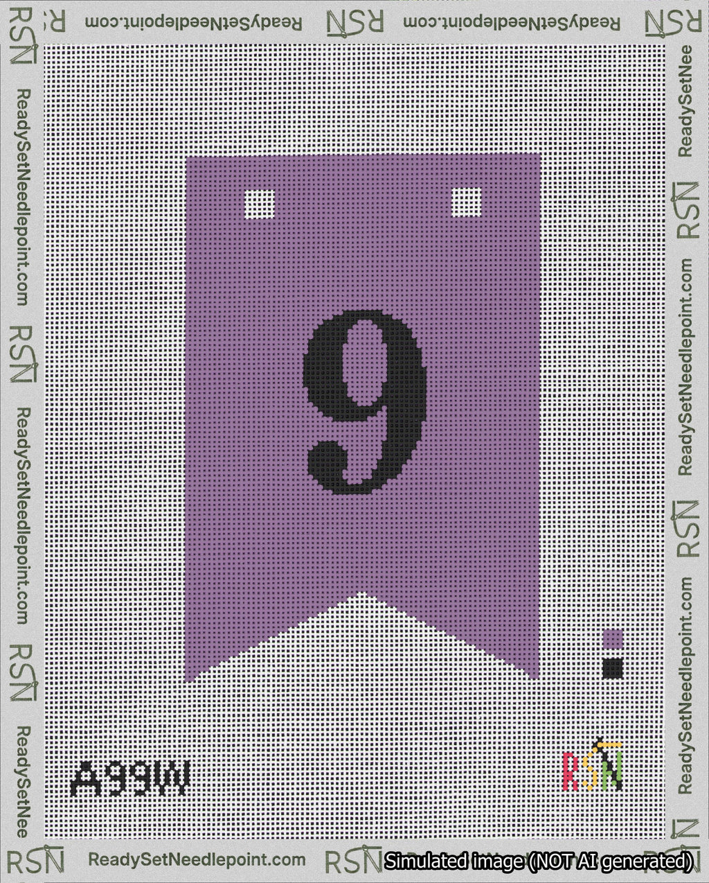 A taped needlepoint canvas with the design: Banner 18 mesh count Forked 9 Black on Purple.