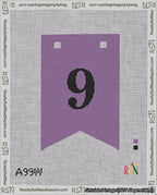 A taped needlepoint canvas with the design: Banner 18 mesh count Forked 9 Black on Purple.