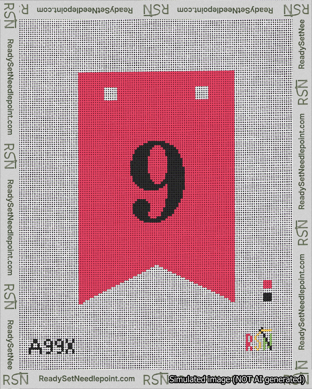 A taped needlepoint canvas with the design: Banner 18 mesh count Forked 9 Black on Red.