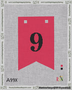 A taped needlepoint canvas with the design: Banner 18 mesh count Forked 9 Black on Red.