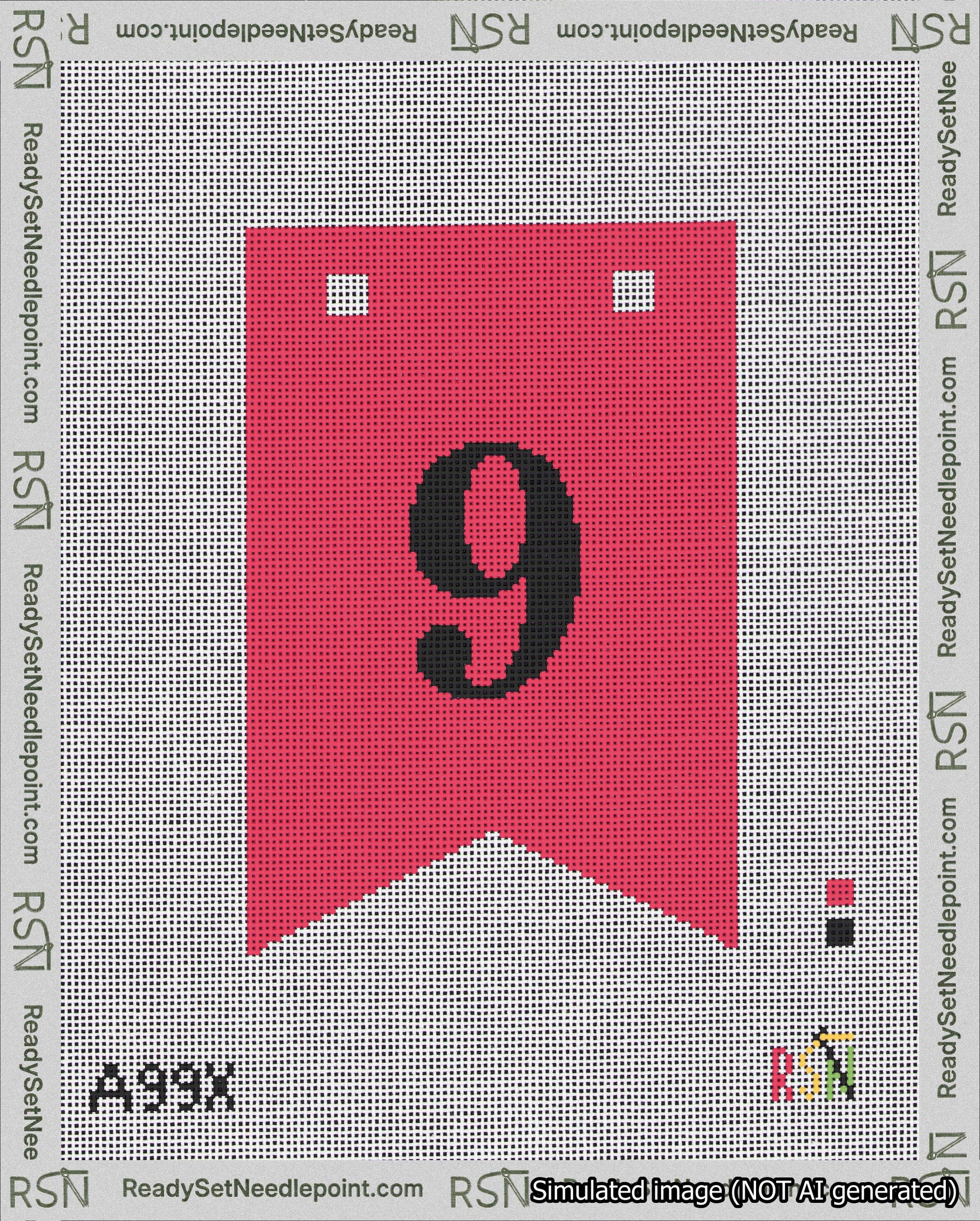 A taped needlepoint canvas with the design: Banner 18 mesh count Forked 9 Black on Red.