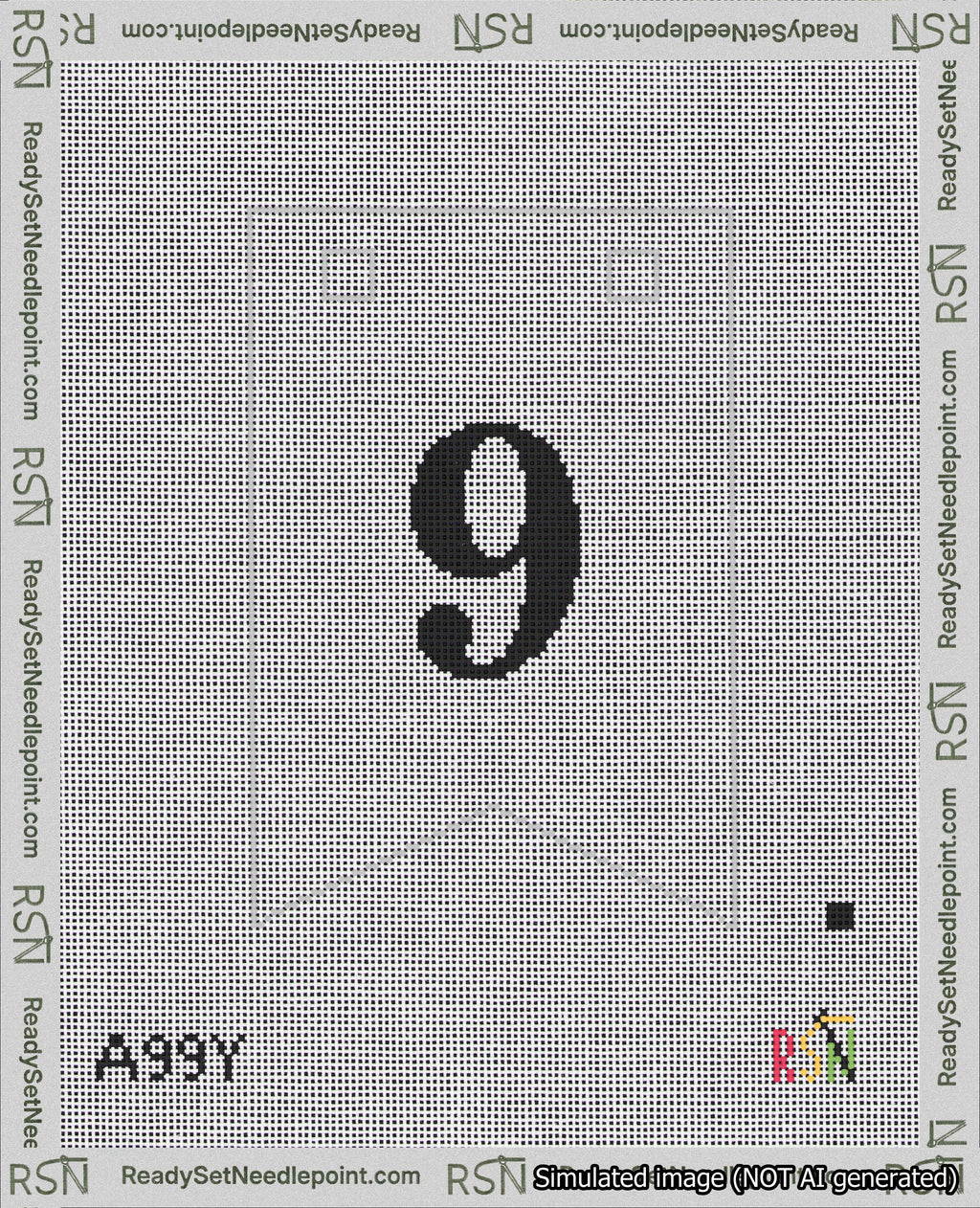A taped needlepoint canvas with the design: Banner 18 mesh count Forked 9 Black on White.