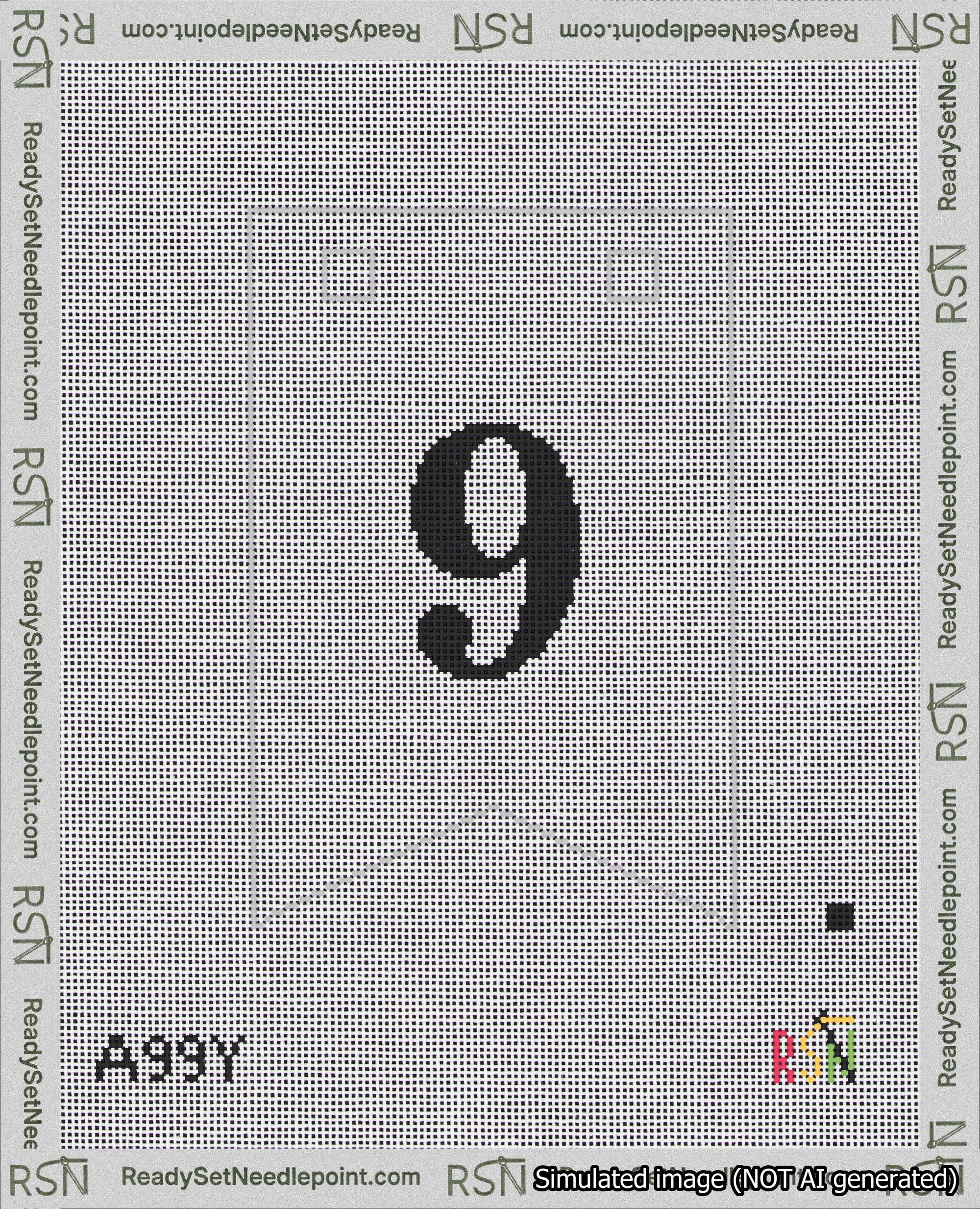 A taped needlepoint canvas with the design: Banner 18 mesh count Forked 9 Black on White.