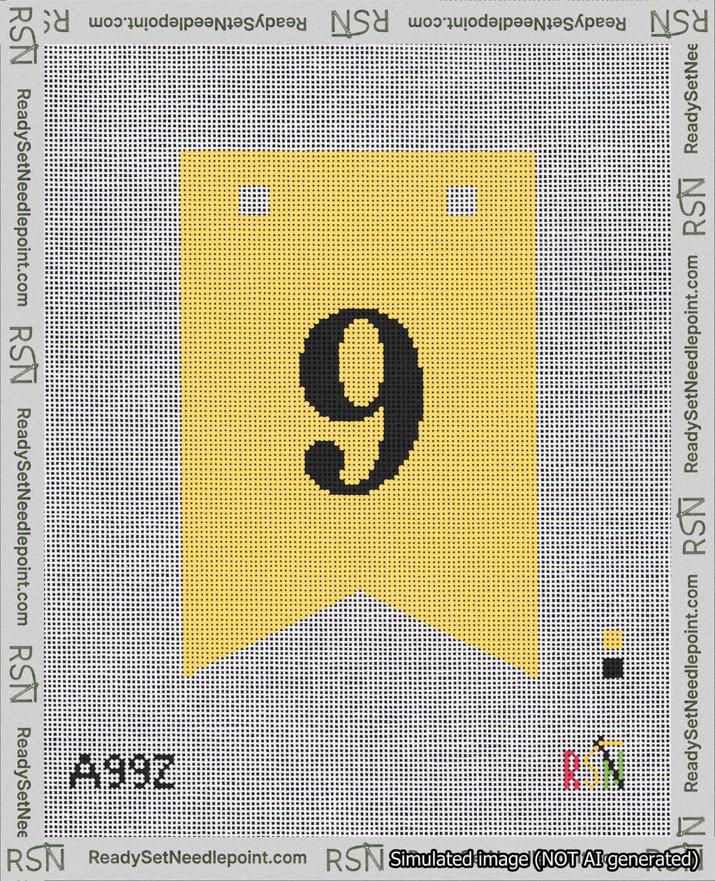 A taped needlepoint canvas with the design: Banner 18 mesh count Forked 9 Black on Yellow.