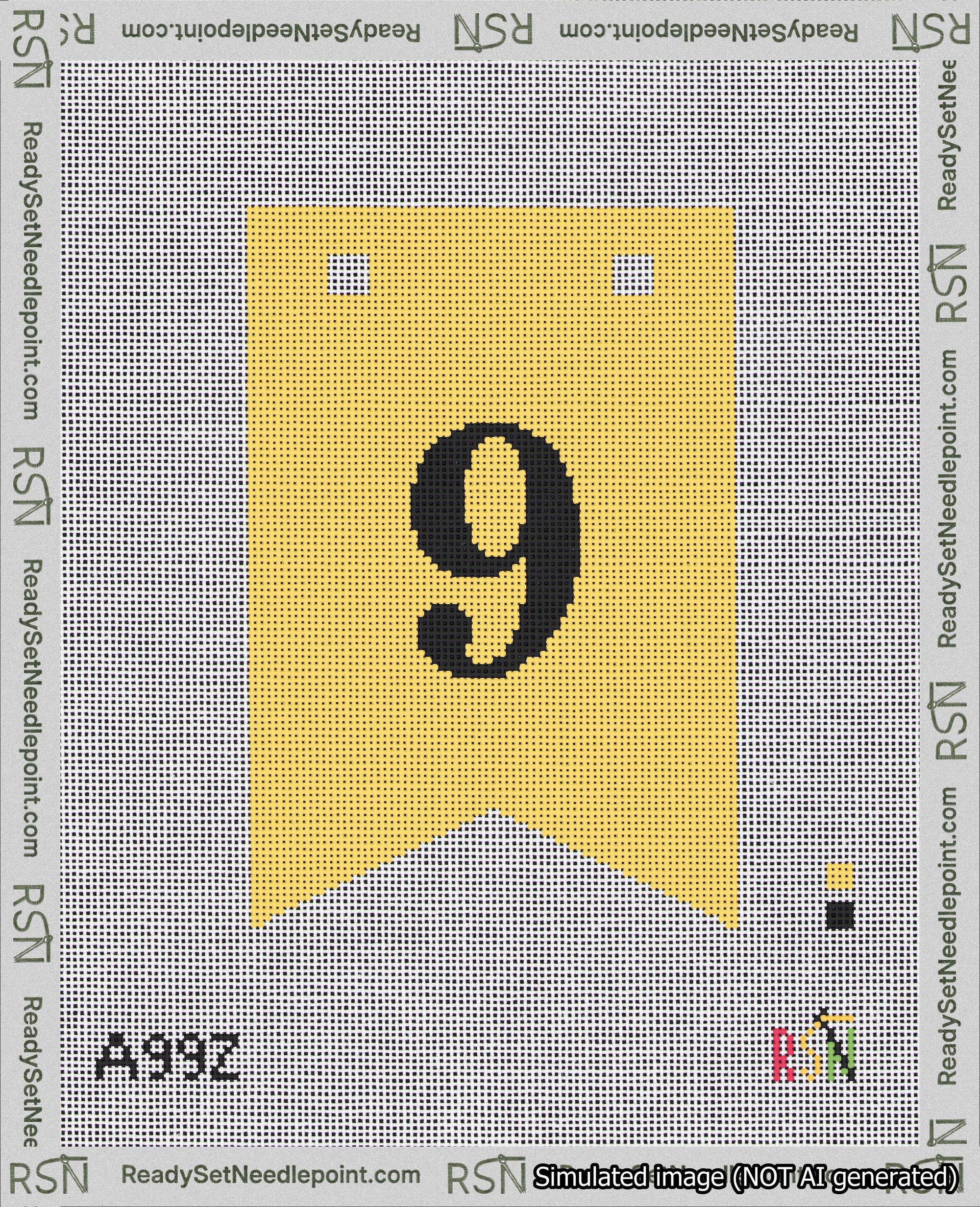 A taped needlepoint canvas with the design: Banner 18 mesh count Forked 9 Black on Yellow.