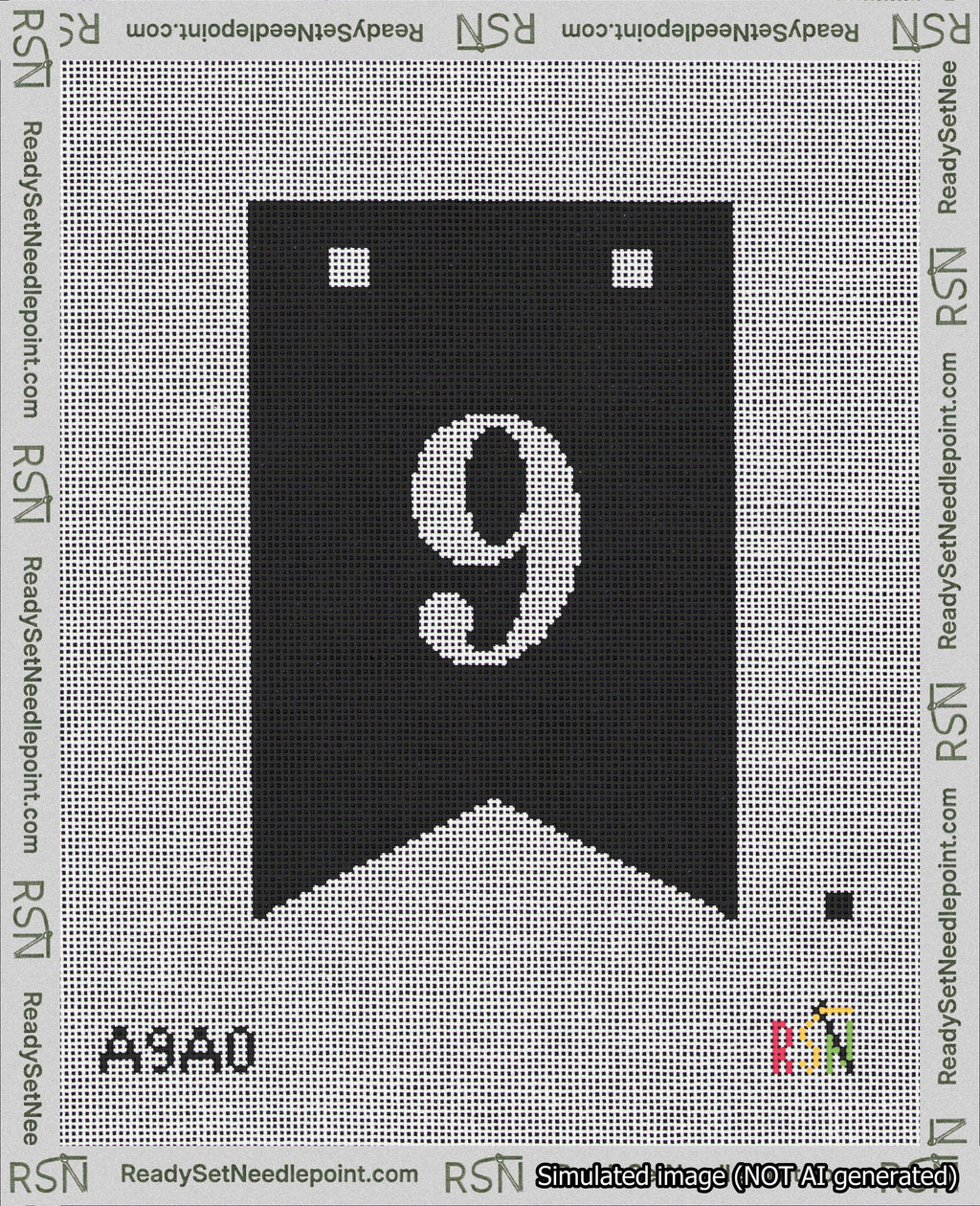 A taped needlepoint canvas with the design: Banner 18 mesh count Forked 9 White on Black.