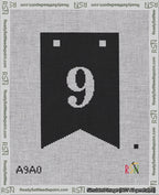 A taped needlepoint canvas with the design: Banner 18 mesh count Forked 9 White on Black.