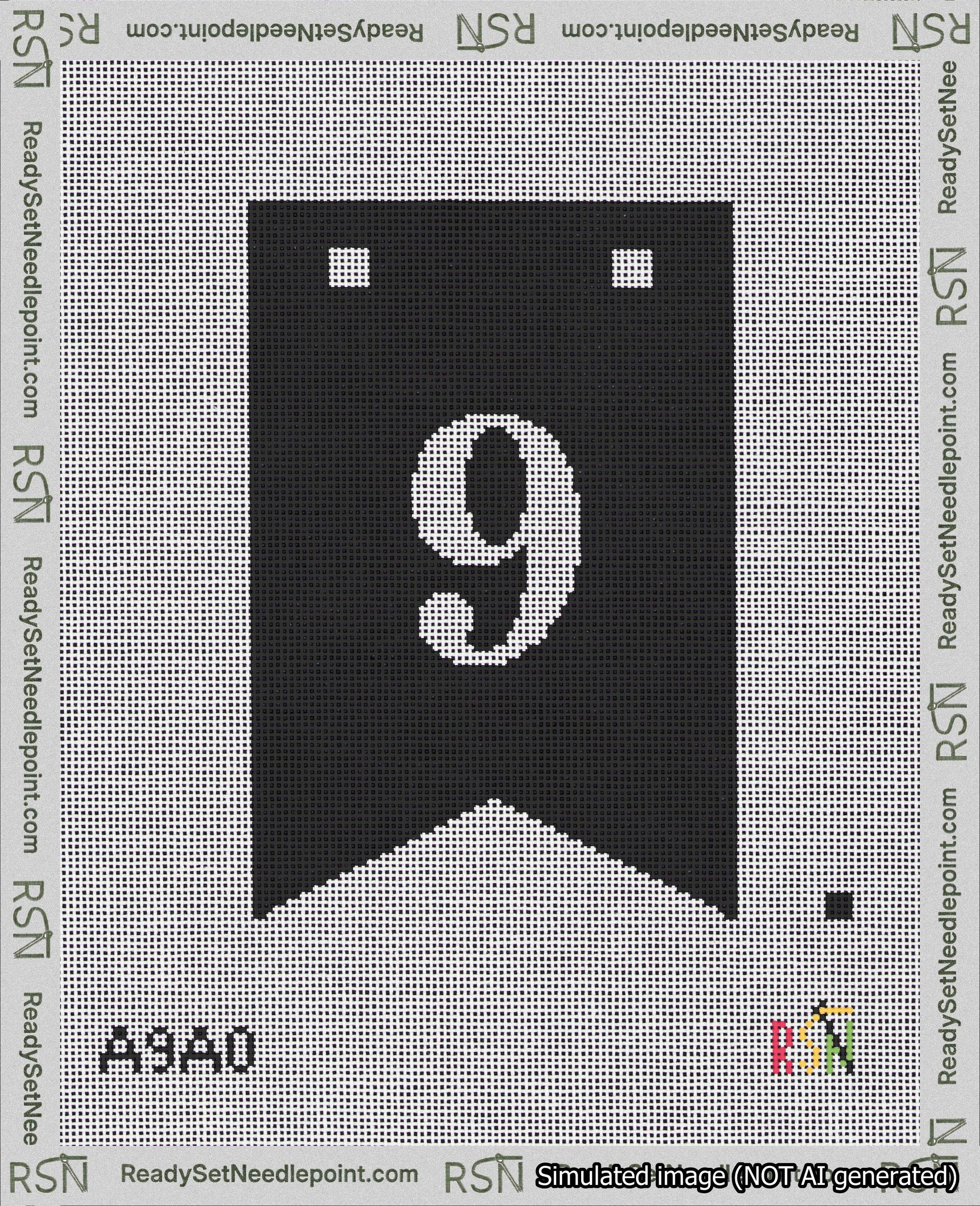 A taped needlepoint canvas with the design: Banner 18 mesh count Forked 9 White on Black.