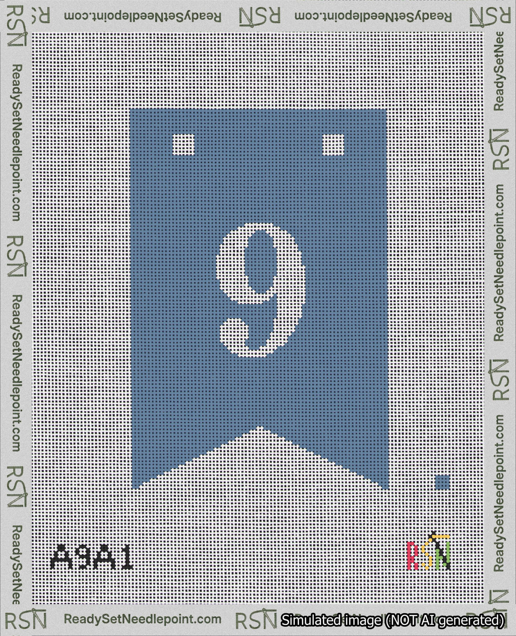 A taped needlepoint canvas with the design: Banner 18 mesh count Forked 9 White on Blue.