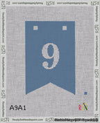 A taped needlepoint canvas with the design: Banner 18 mesh count Forked 9 White on Blue.