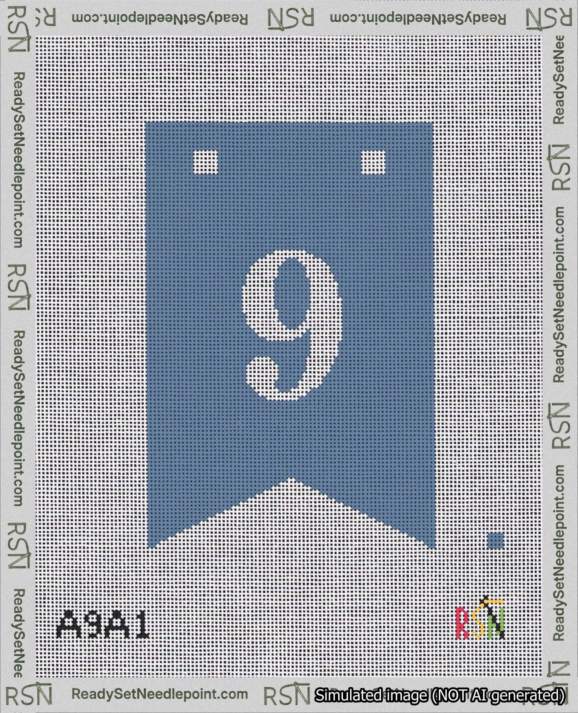 A taped needlepoint canvas with the design: Banner 18 mesh count Forked 9 White on Blue.