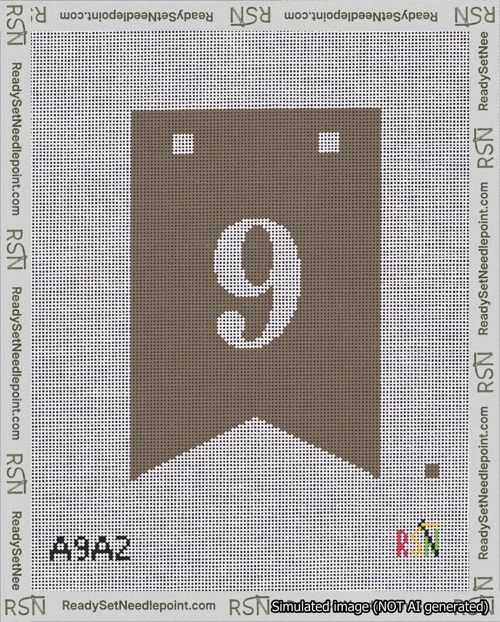 A taped needlepoint canvas with the design: Banner 18 mesh count Forked 9 White on Brown.