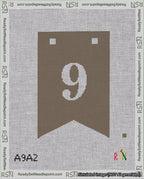 A taped needlepoint canvas with the design: Banner 18 mesh count Forked 9 White on Brown.
