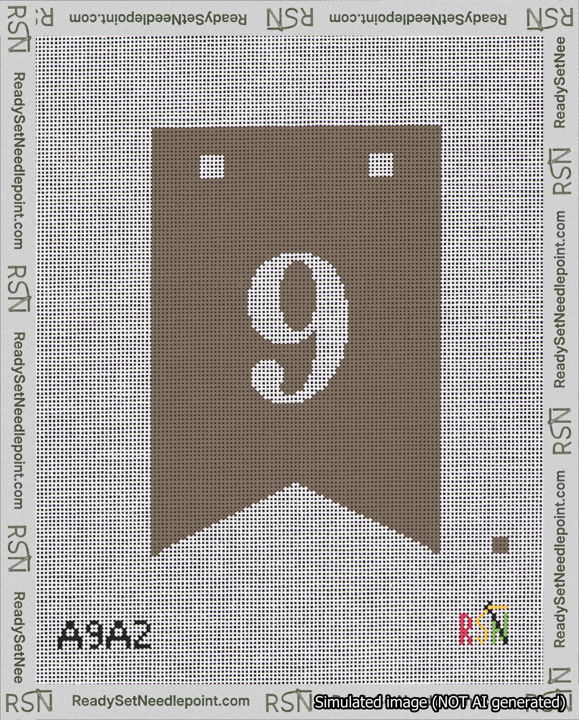 A taped needlepoint canvas with the design: Banner 18 mesh count Forked 9 White on Brown.
