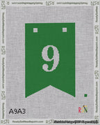 A taped needlepoint canvas with the design: Banner 18 mesh count Forked 9 White on Green.
