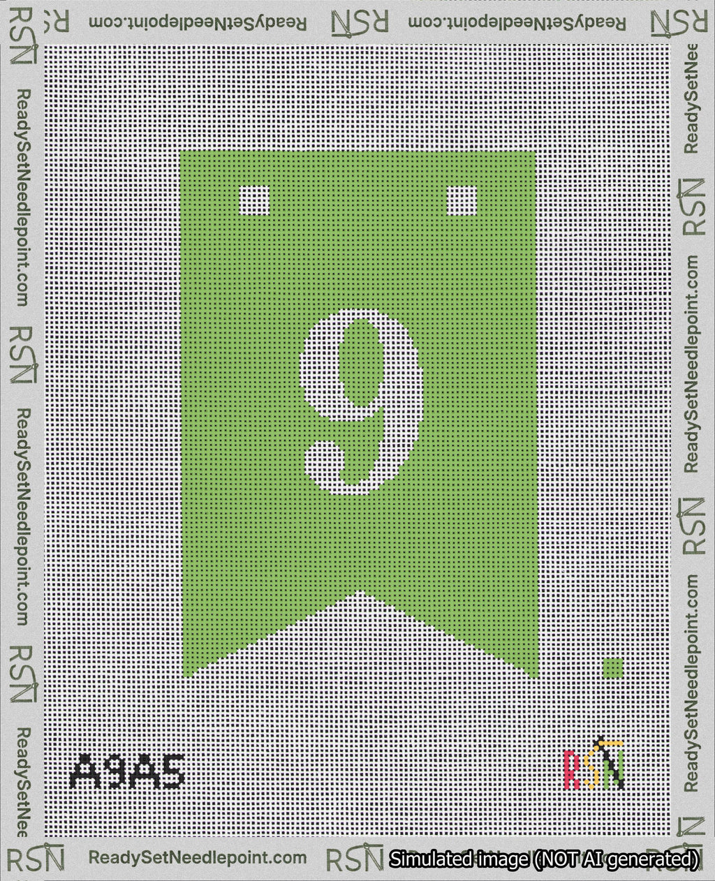 A taped needlepoint canvas with the design: Banner 18 mesh count Forked 9 White on Light Green.