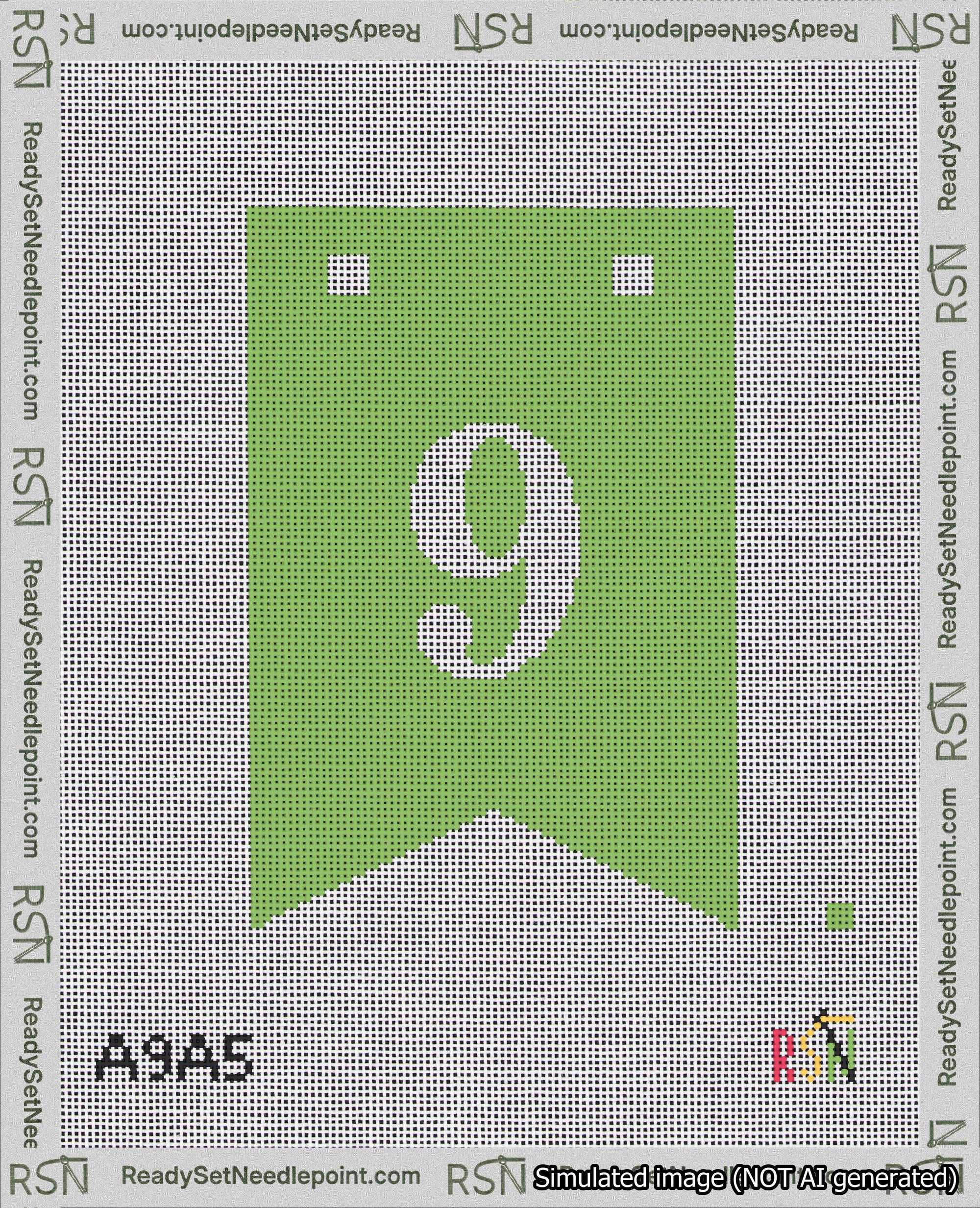 A taped needlepoint canvas with the design: Banner 18 mesh count Forked 9 White on Light Green.
