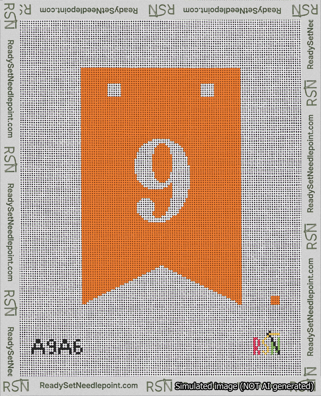 A taped needlepoint canvas with the design: Banner 18 mesh count Forked 9 White on Orange.