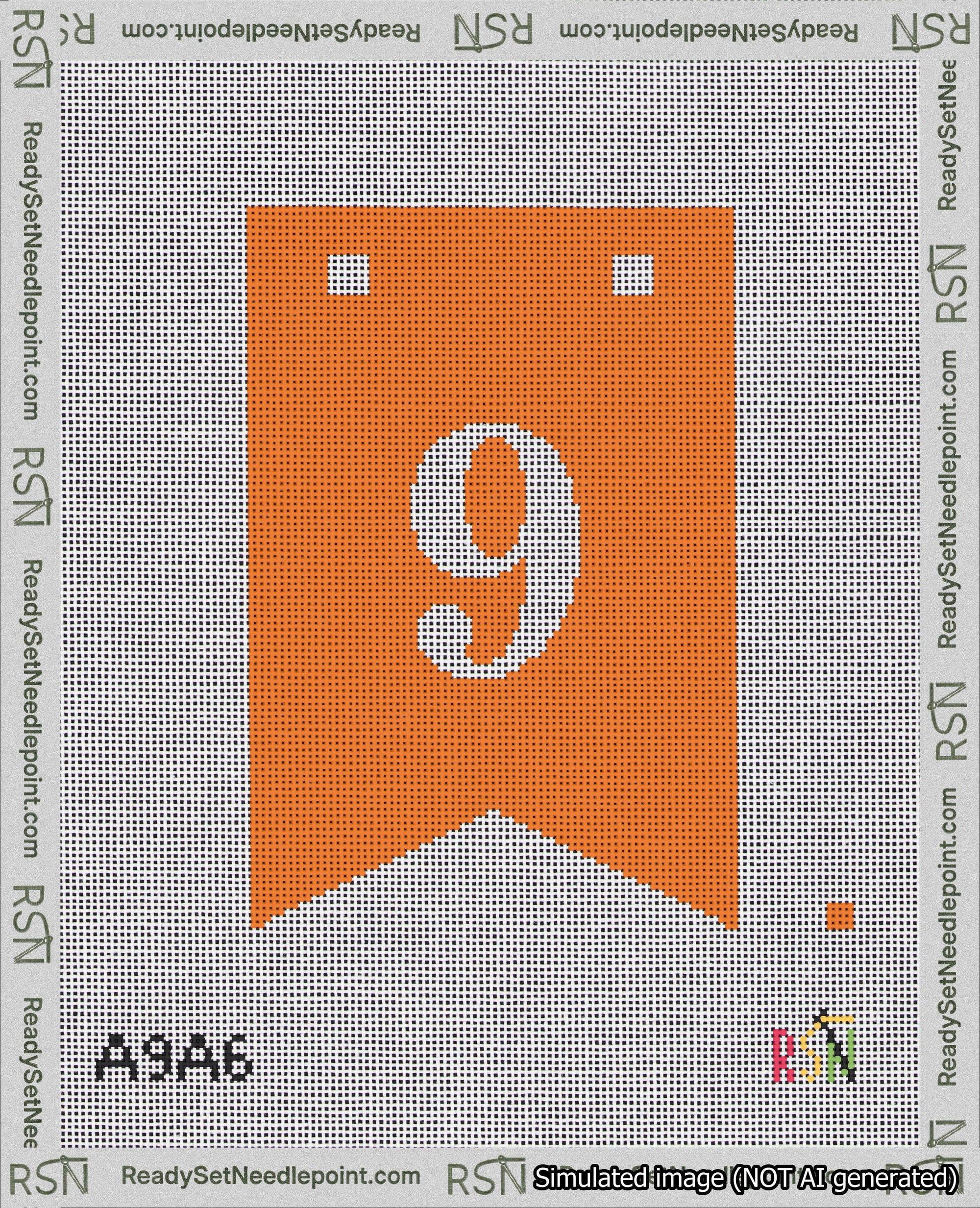 A taped needlepoint canvas with the design: Banner 18 mesh count Forked 9 White on Orange.