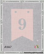 A taped needlepoint canvas with the design: Banner 18 mesh count Forked 9 White on Pink.