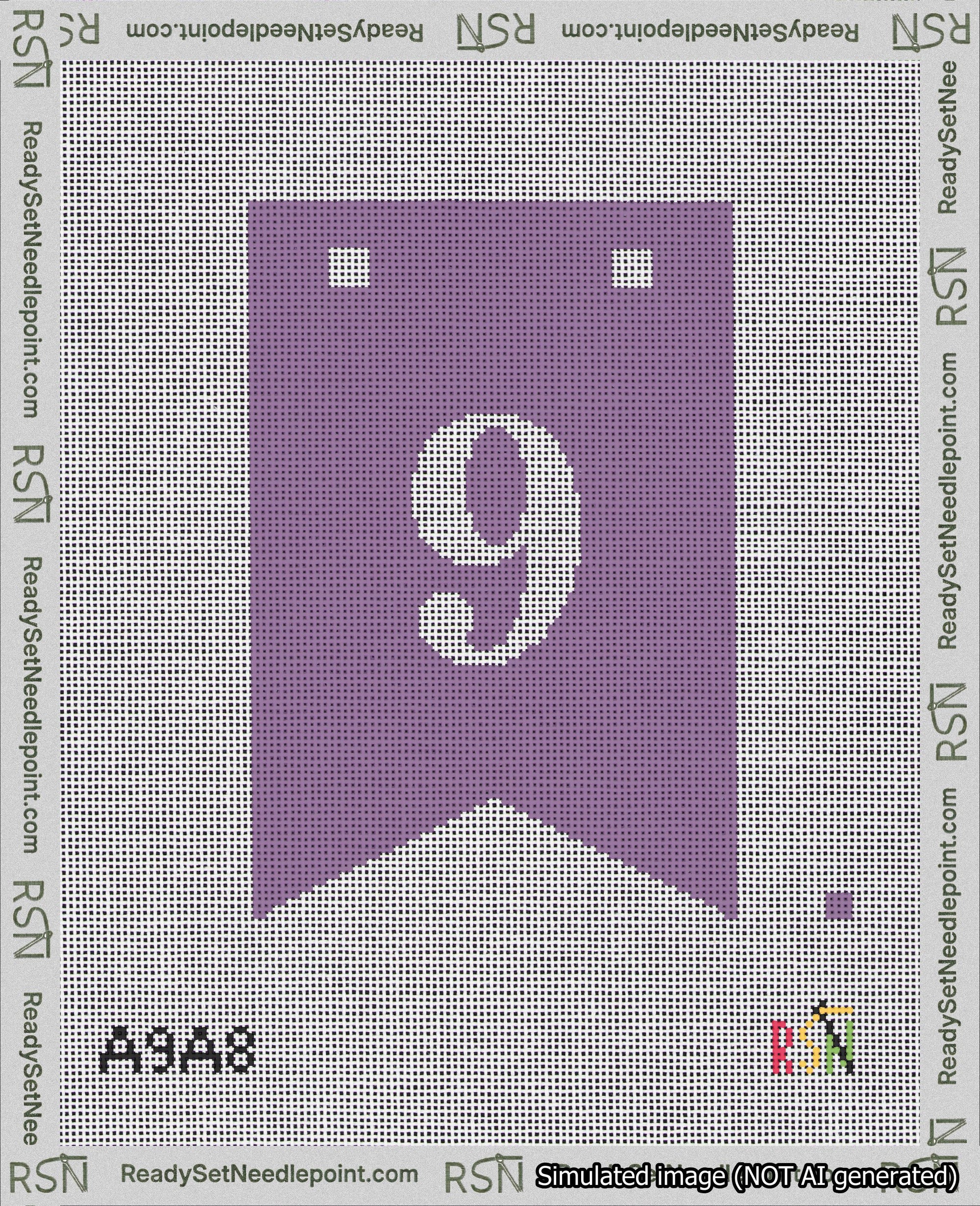 A taped needlepoint canvas with the design: Banner 18 mesh count Forked 9 White on Purple.