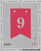 A taped needlepoint canvas with the design: Banner 18 mesh count Forked 9 White on Red.