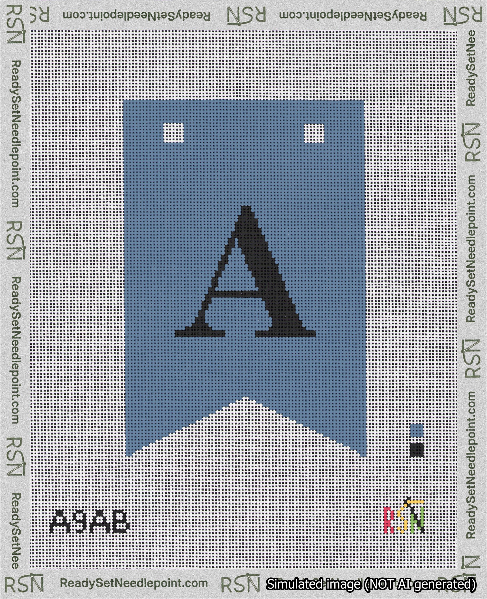 A taped needlepoint canvas with the design: Banner 18 mesh count Forked A Black on Blue.
