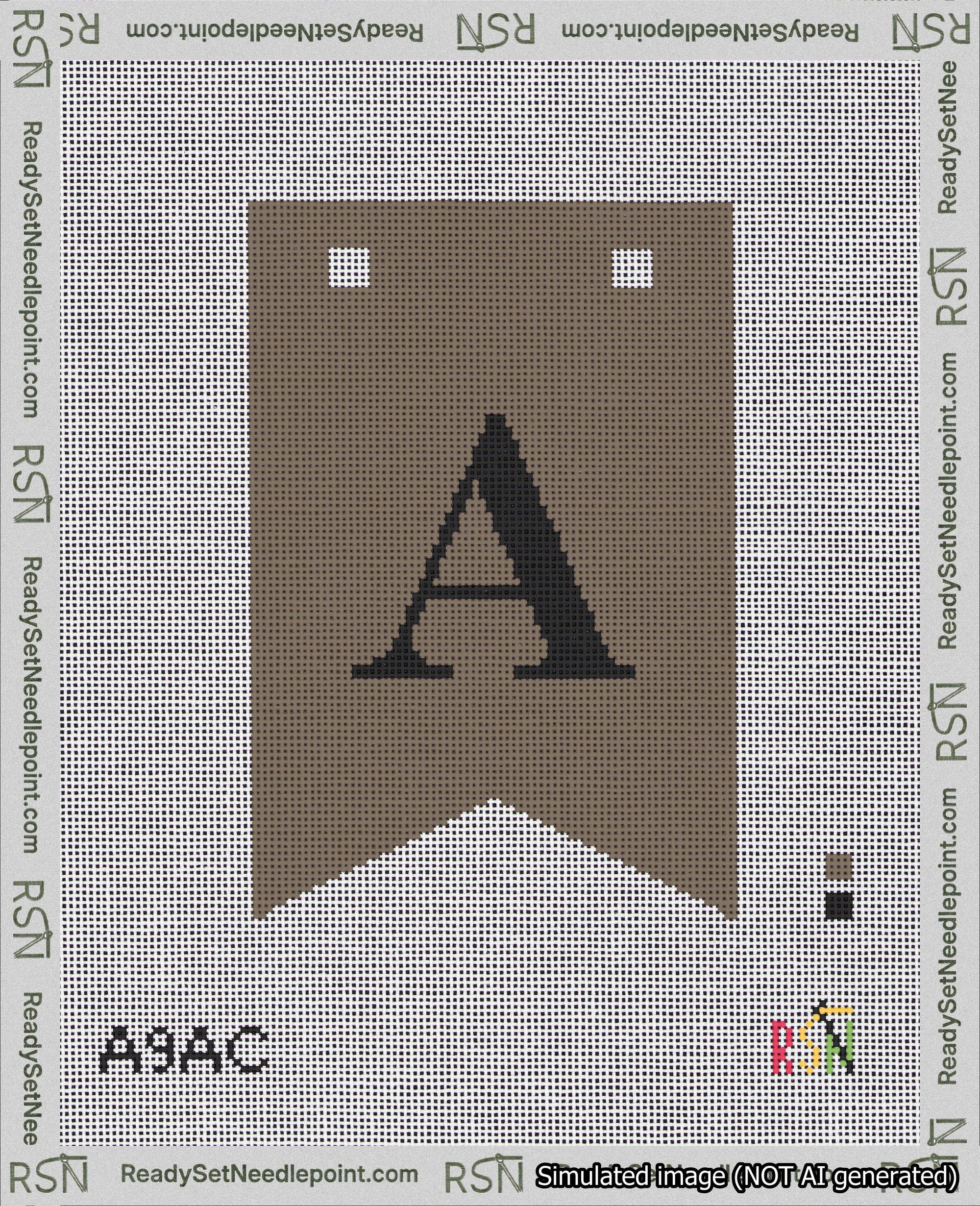 A taped needlepoint canvas with the design: Banner 18 mesh count Forked A Black on Brown.