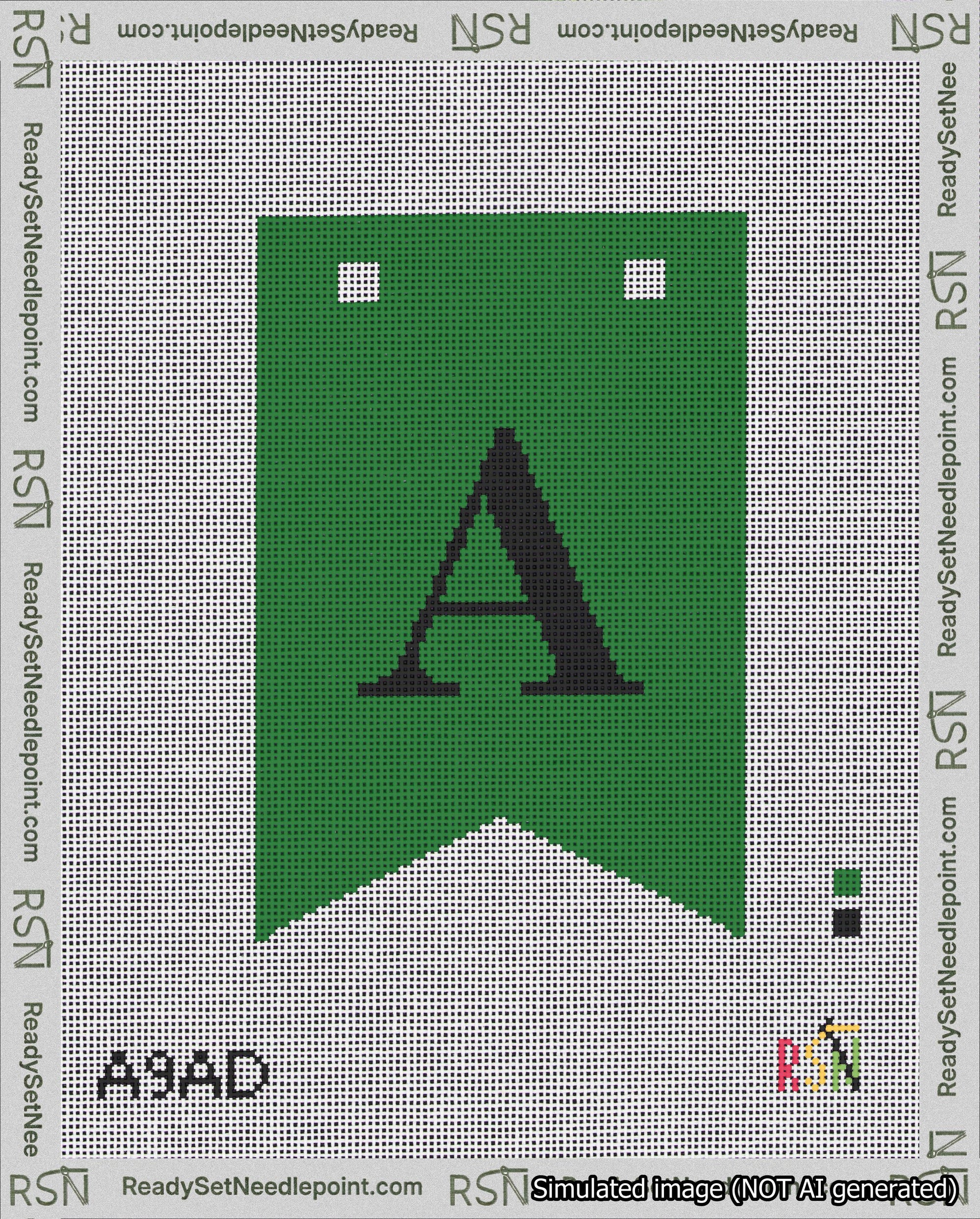 A taped needlepoint canvas with the design: Banner 18 mesh count Forked A Black on Green.