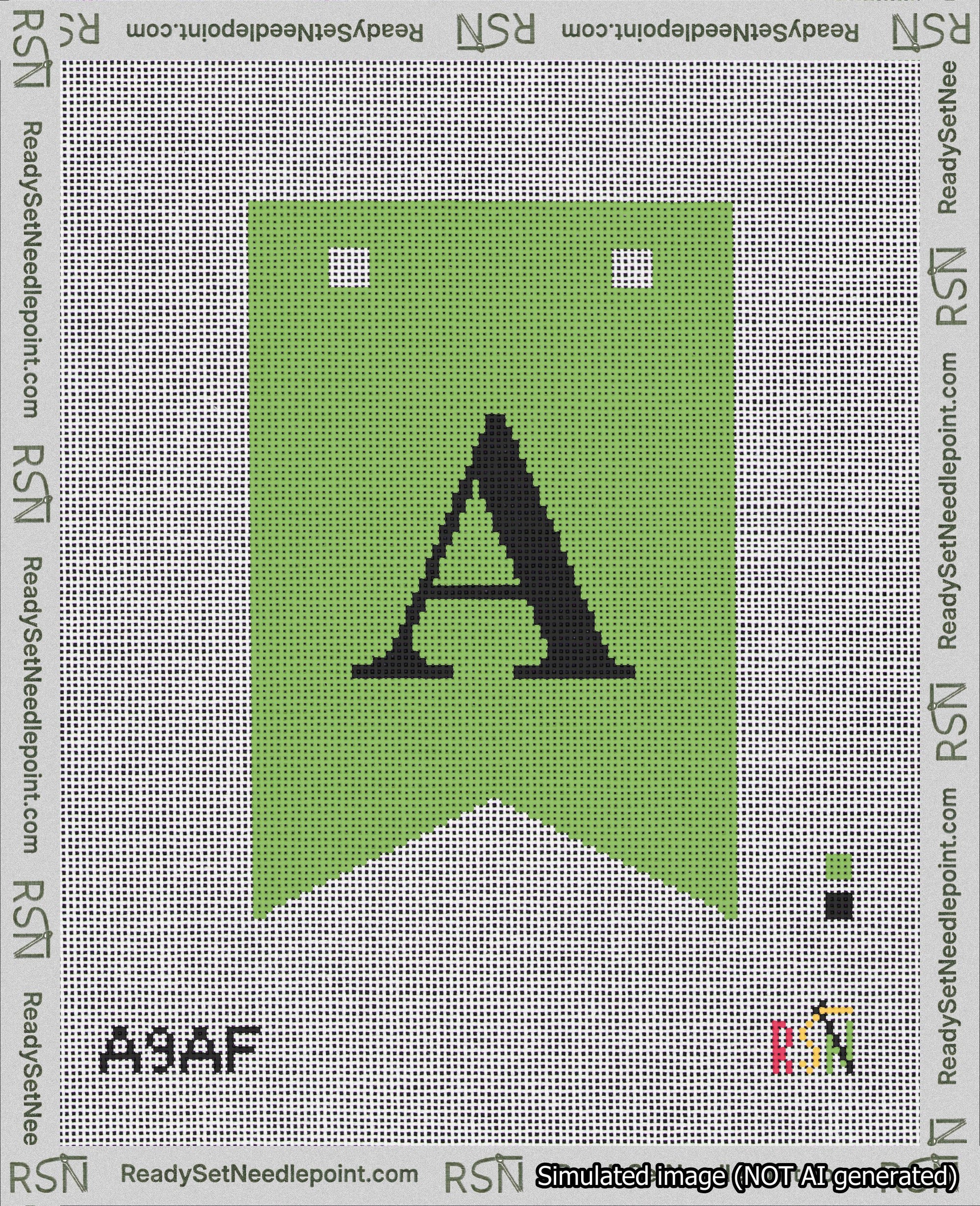A taped needlepoint canvas with the design: Banner 18 mesh count Forked A Black on Light Green.