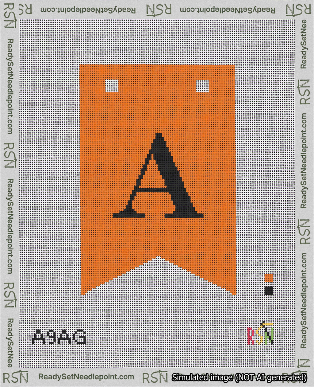 A taped needlepoint canvas with the design: Banner 18 mesh count Forked A Black on Orange.