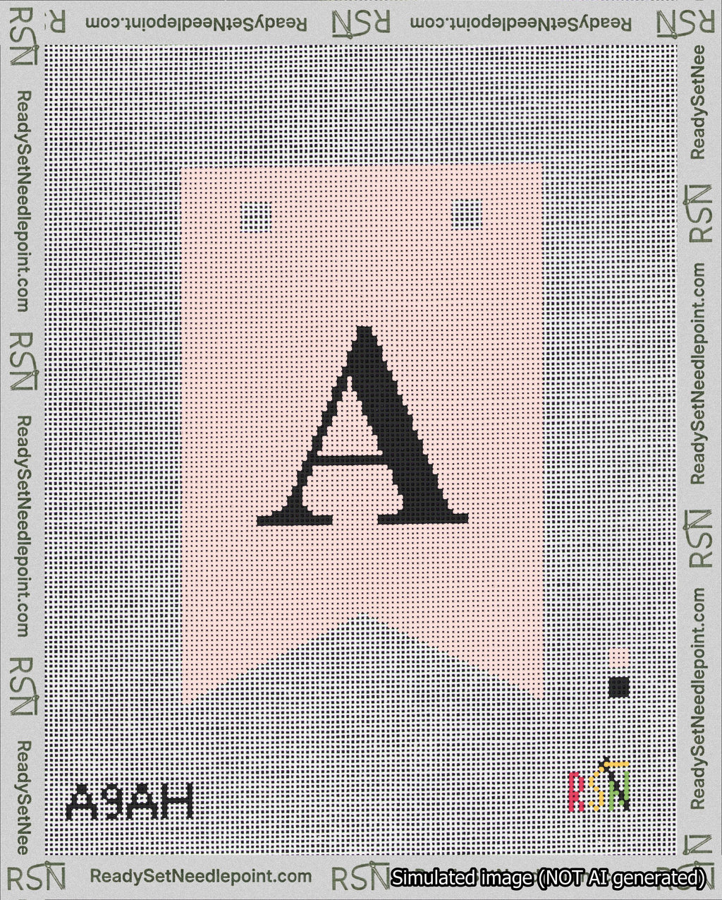 A taped needlepoint canvas with the design: Banner 18 mesh count Forked A Black on Pink.