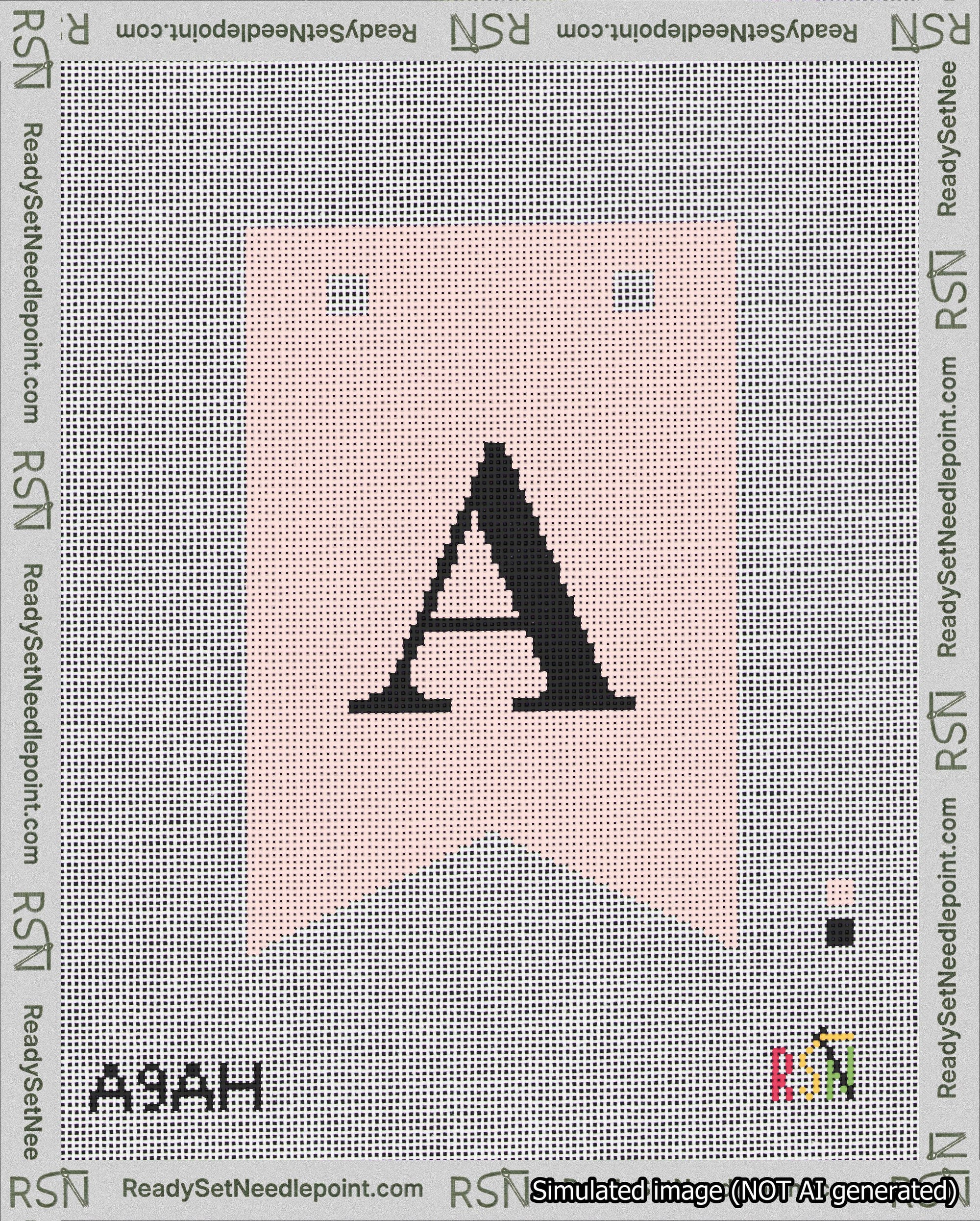 A taped needlepoint canvas with the design: Banner 18 mesh count Forked A Black on Pink.