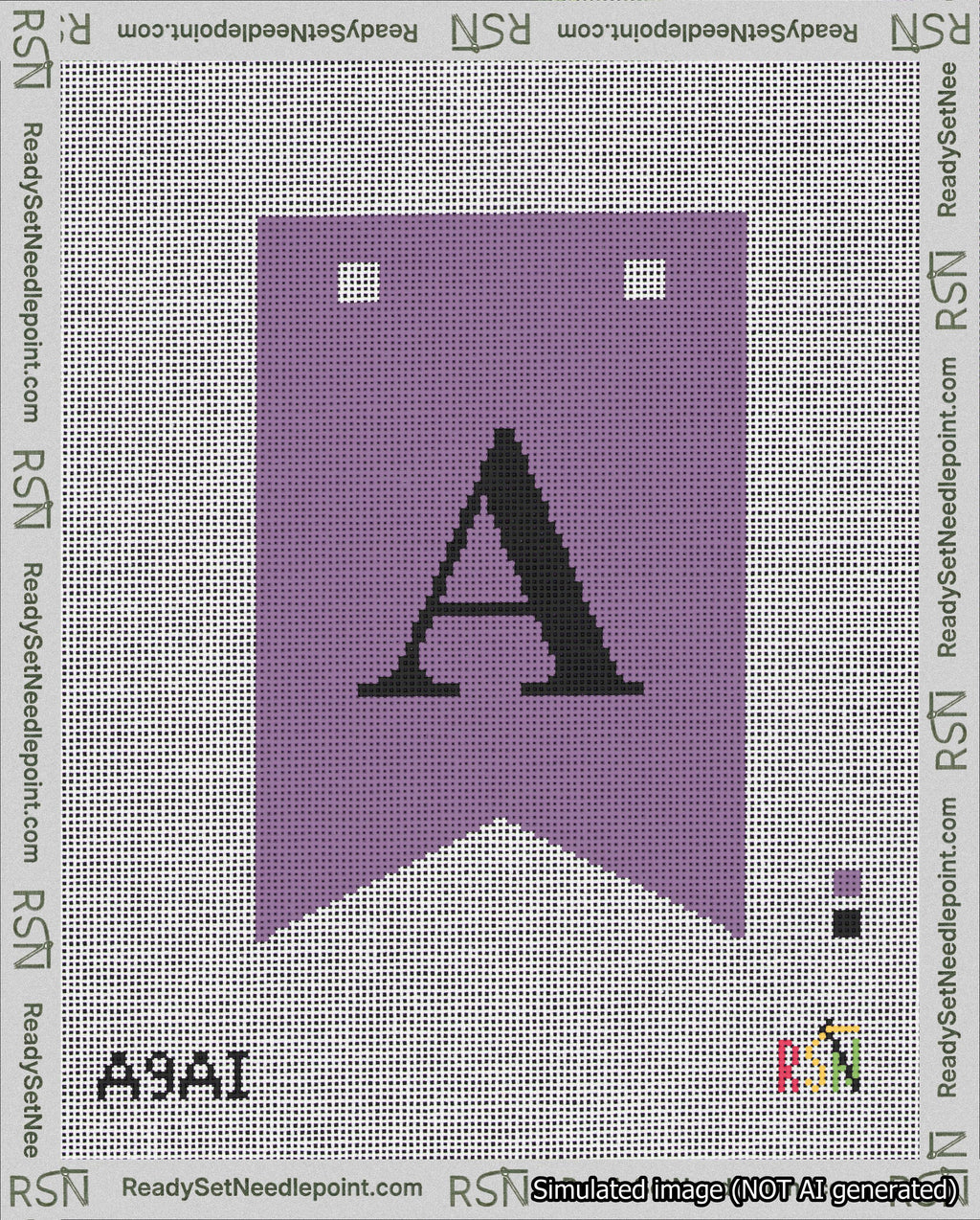 A taped needlepoint canvas with the design: Banner 18 mesh count Forked A Black on Purple.