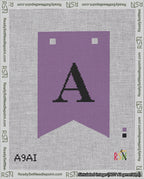 A taped needlepoint canvas with the design: Banner 18 mesh count Forked A Black on Purple.
