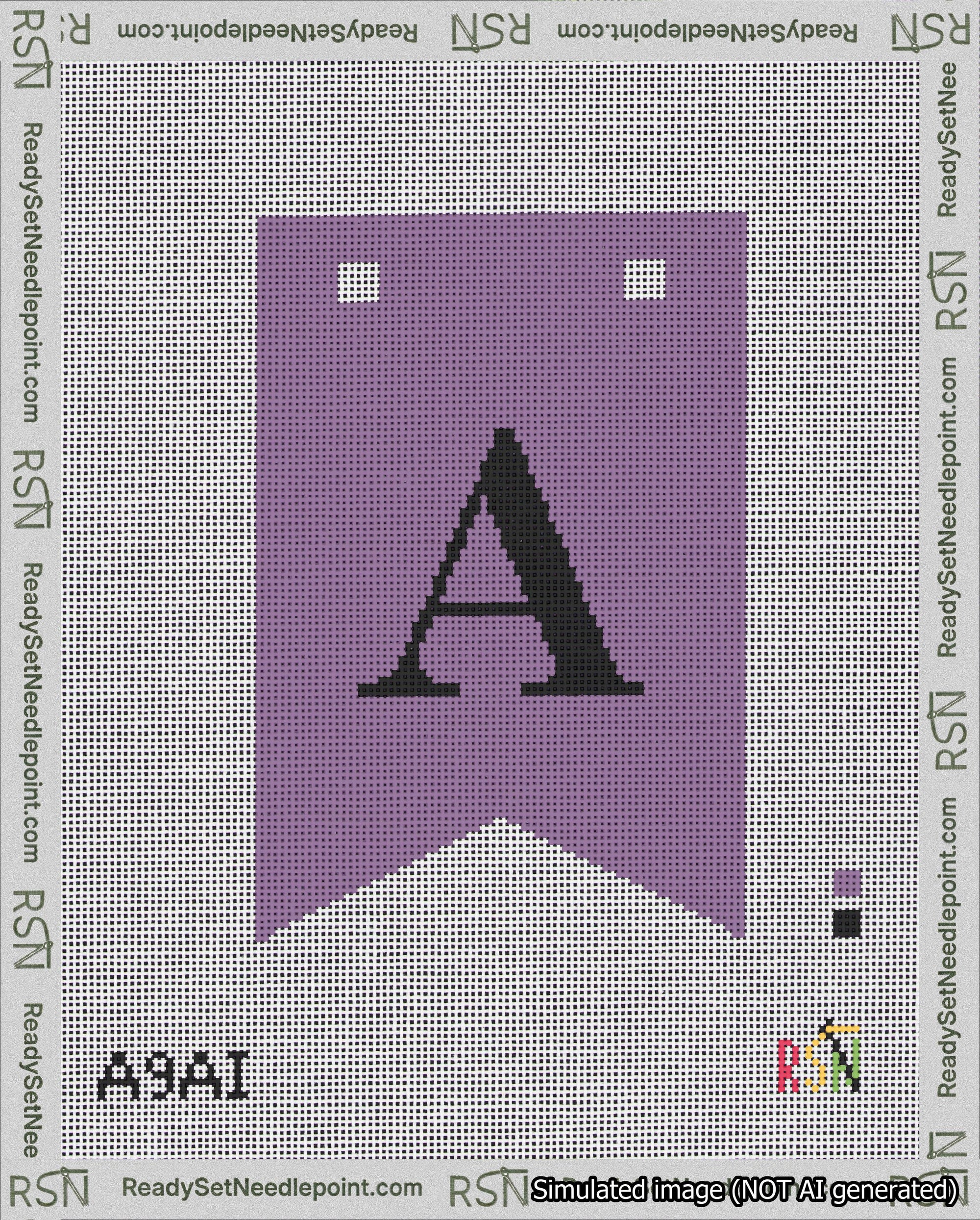 A taped needlepoint canvas with the design: Banner 18 mesh count Forked A Black on Purple.