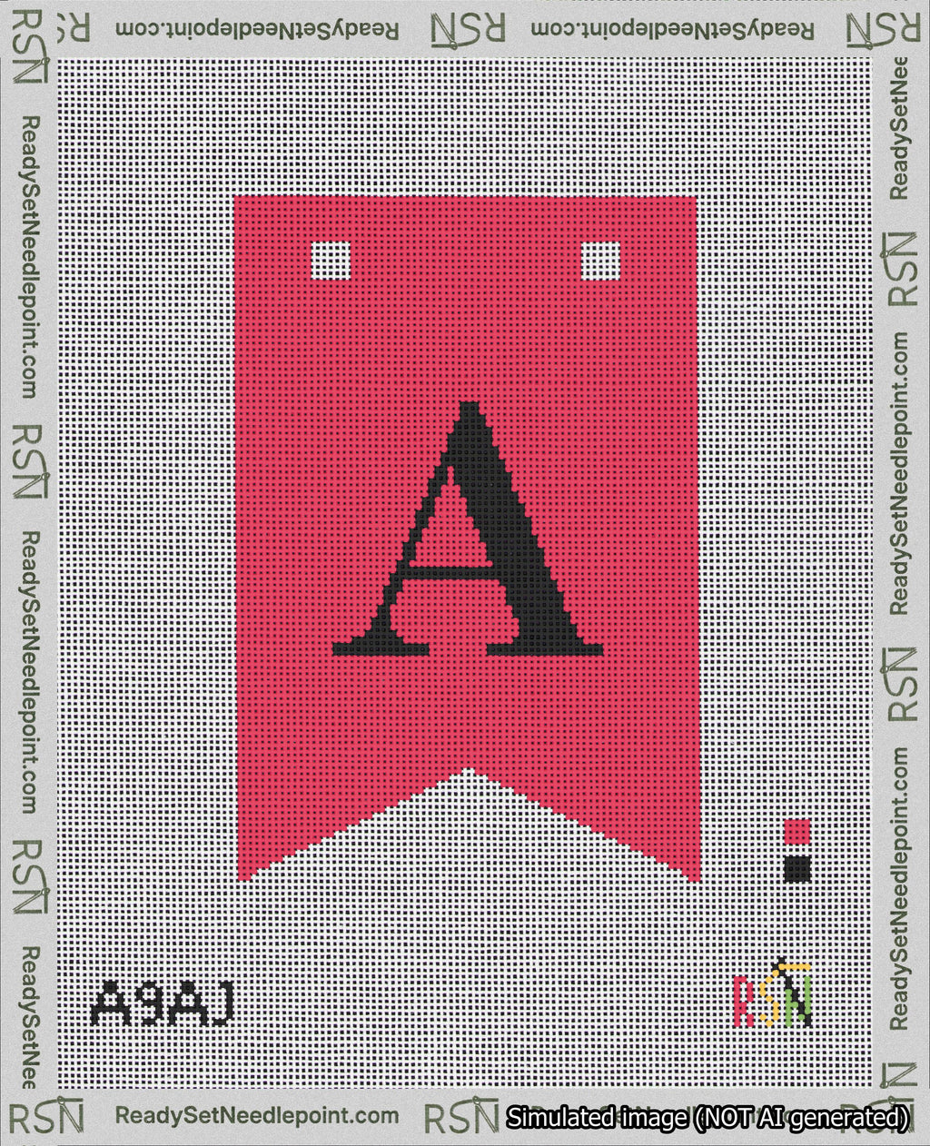A taped needlepoint canvas with the design: Banner 18 mesh count Forked A Black on Red.
